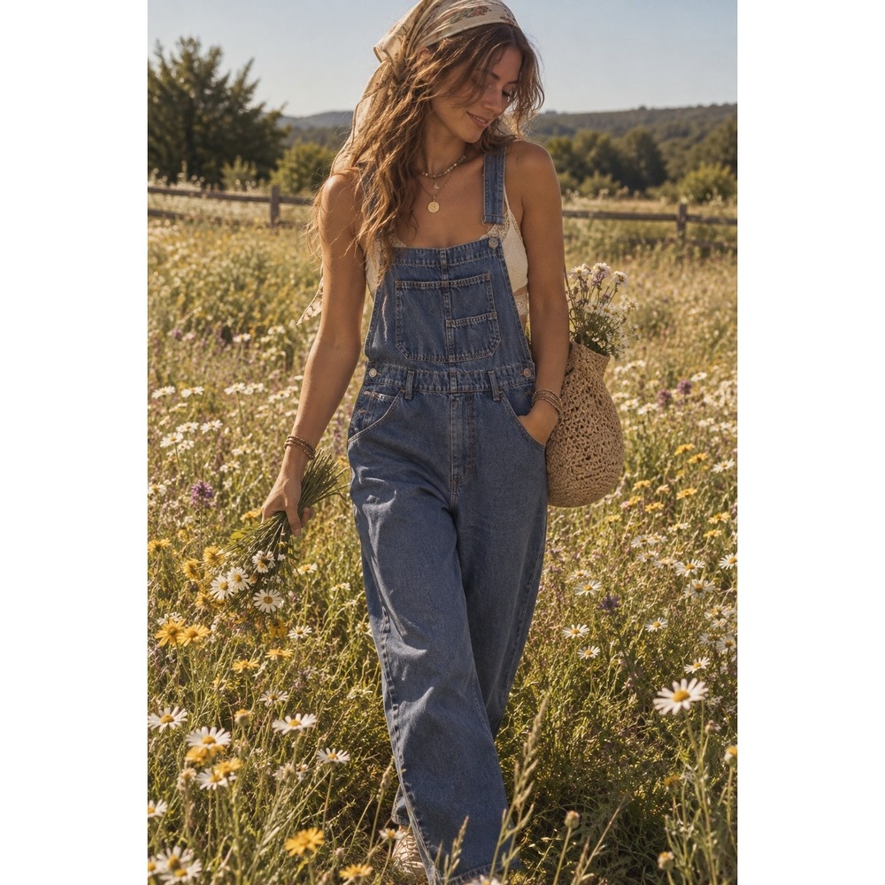 FREE PEOPLE We The Free Ziggy Denim Blue Overalls Size L Straight Leg Boho